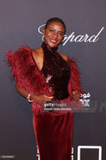 Burgundy sequin velvet gown with fur cape - 4