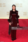 Burgundy sequin gown with fur cape - 2
