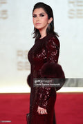 Burgundy sequin gown with fur cape - 3