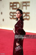 Burgundy sequin gown with fur cape - 4