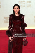 Burgundy sequin gown with fur cape - 1
