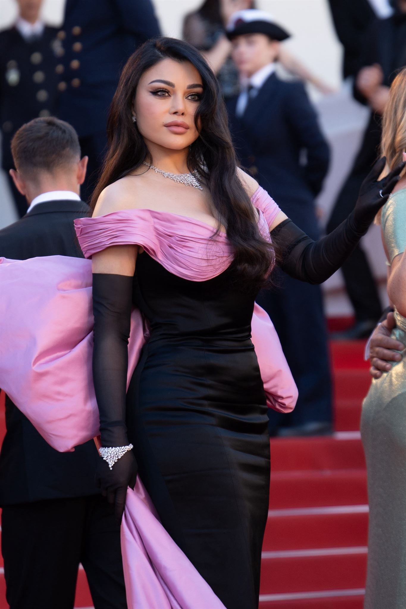 Black satin pink-bow gown