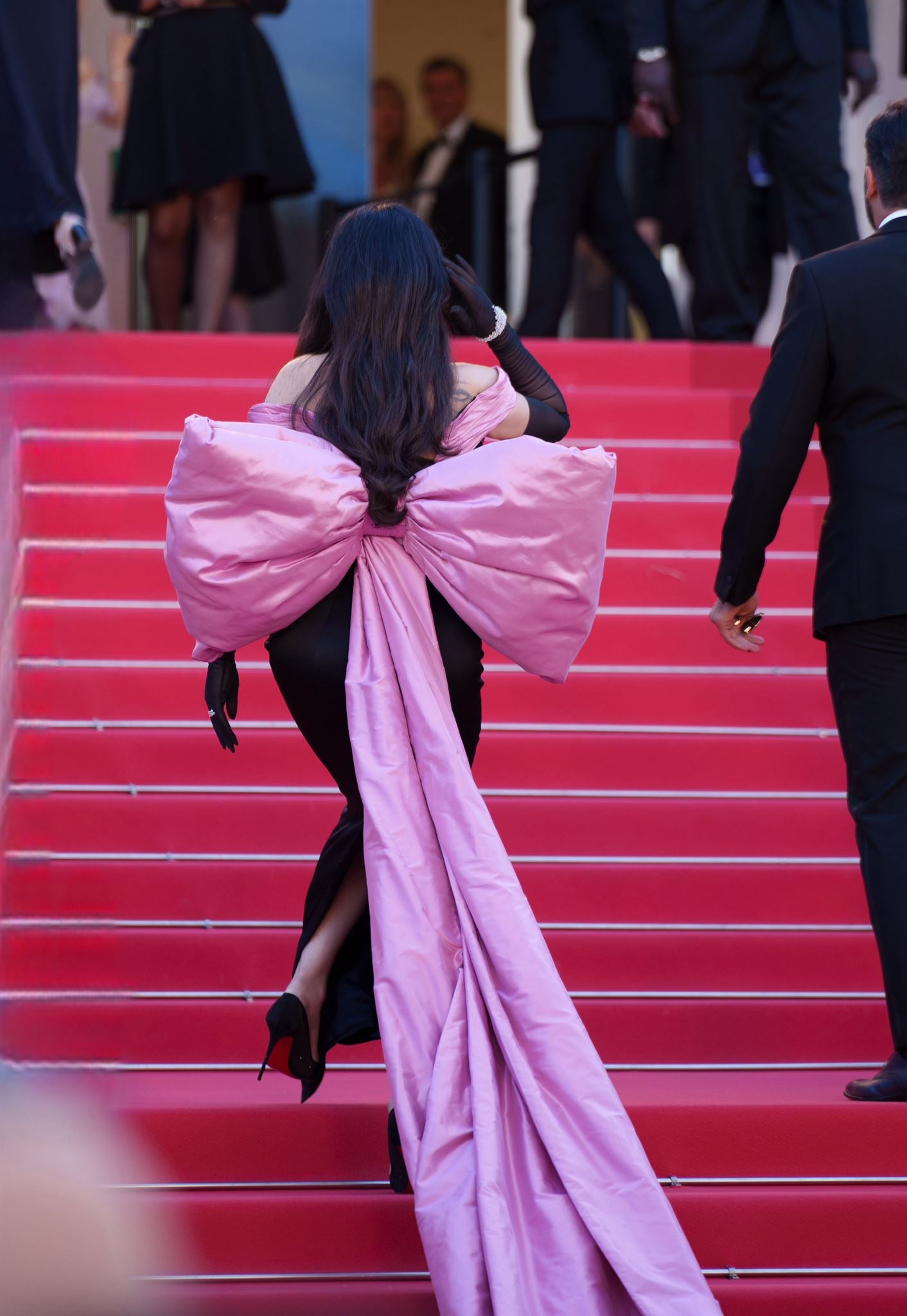 Black satin pink-bow gown