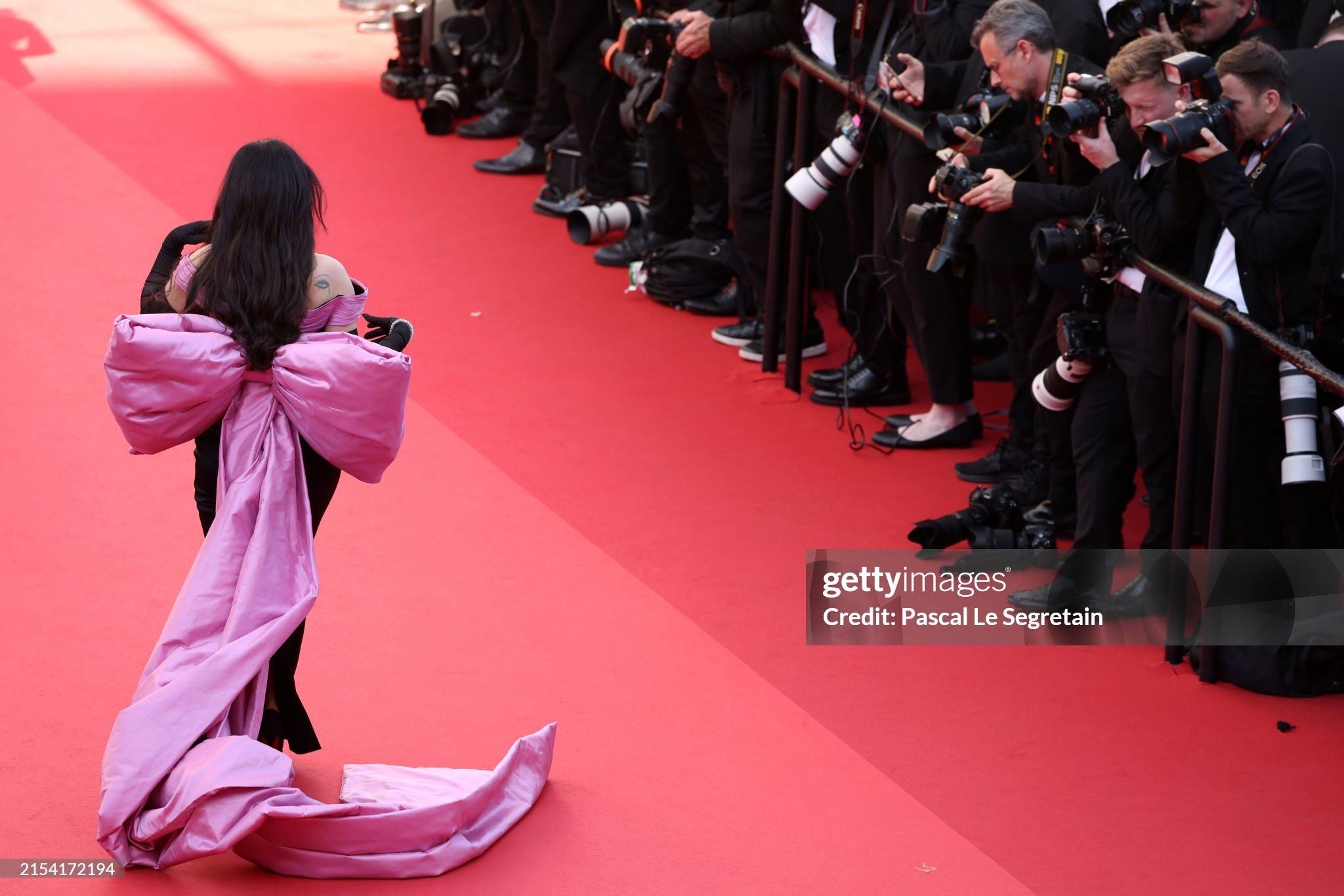 Black satin pink-bow gown