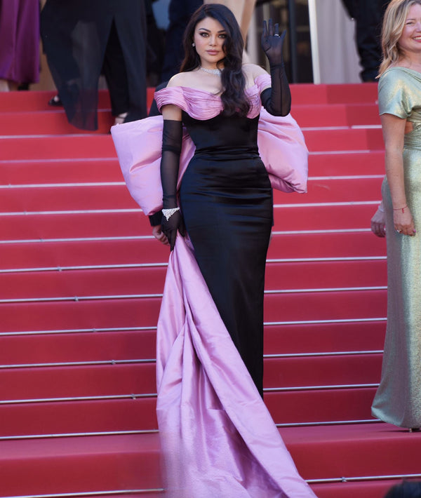 Black satin pink-bow gown