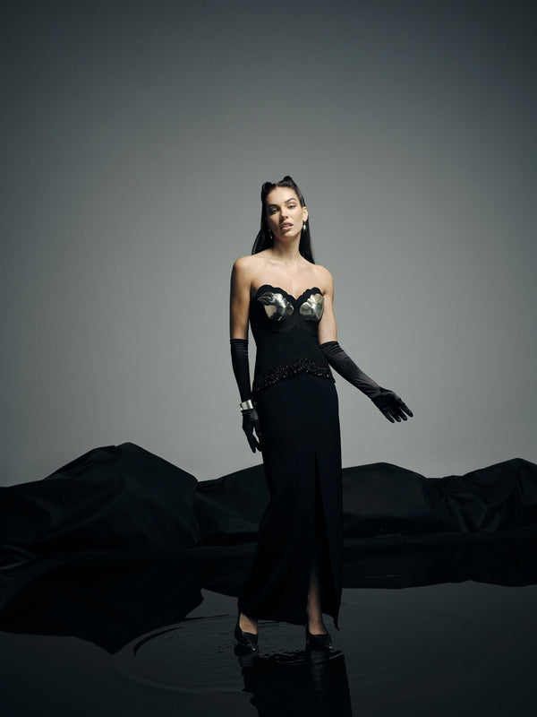 Black silver wing-artwork gown