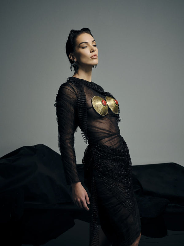 Black sheer brass breastplate gown