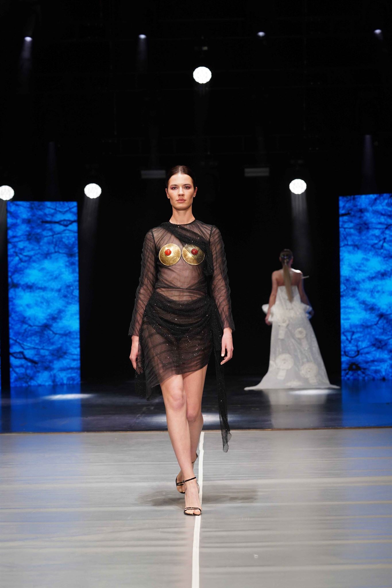 Black sheer brass breastplate gown