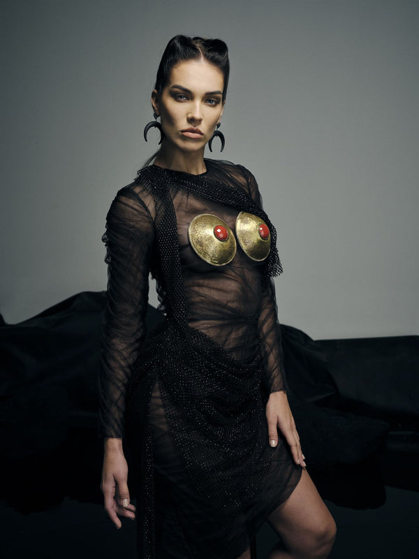 Black sheer brass breastplate gown