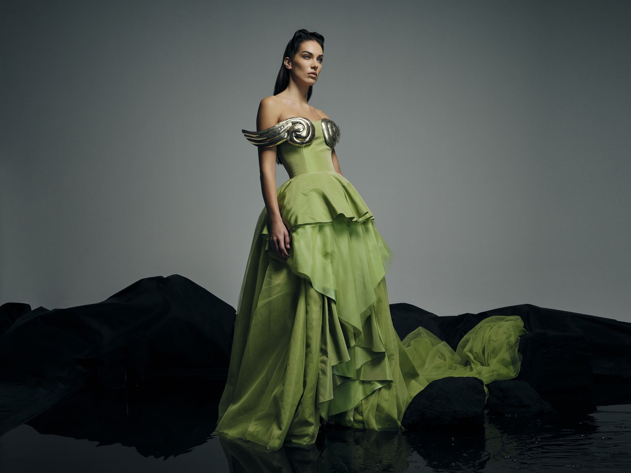 Anahita green wing-detail gown