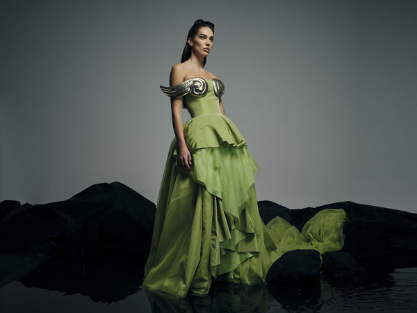 Anahita green wing-detail gown