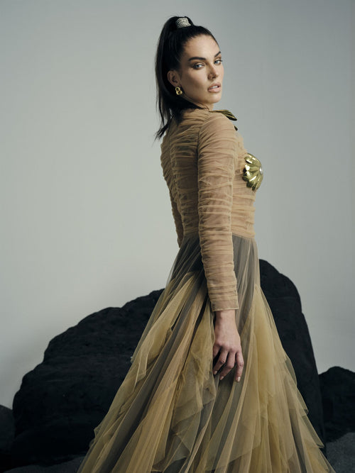 Anahita sheer tulle gold-artwork gown