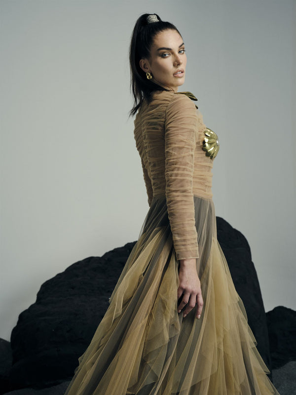 Anahita sheer tulle gold-artwork gown