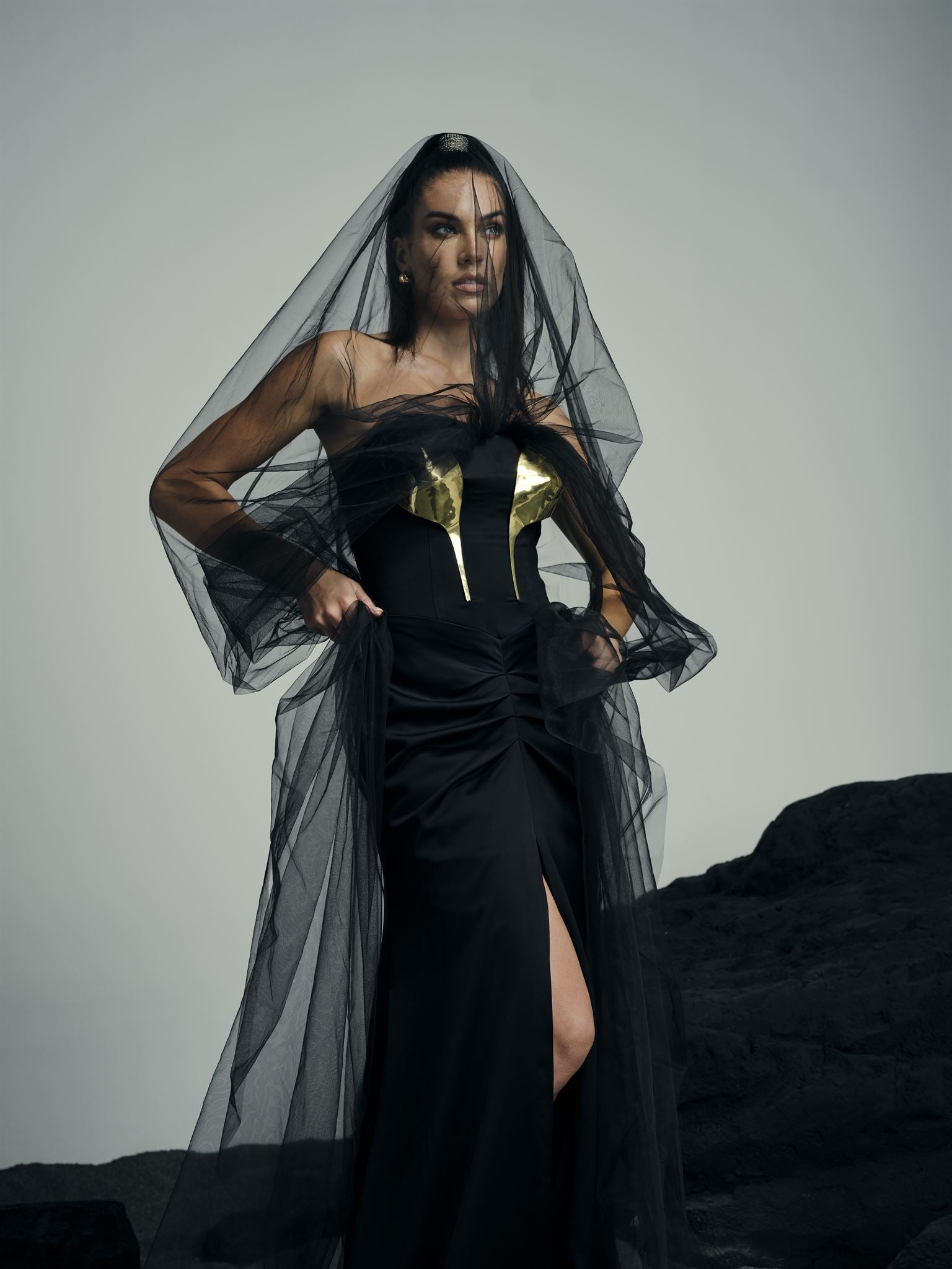 Anahita black gold-artwork gown
