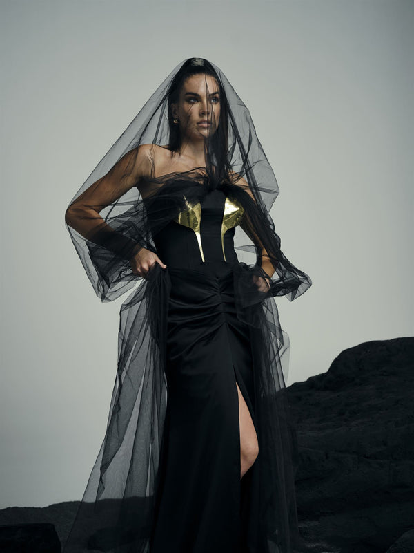 Anahita black gold-artwork gown
