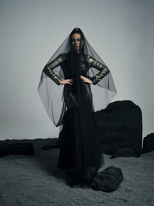 Anahita metallic black tulle gown