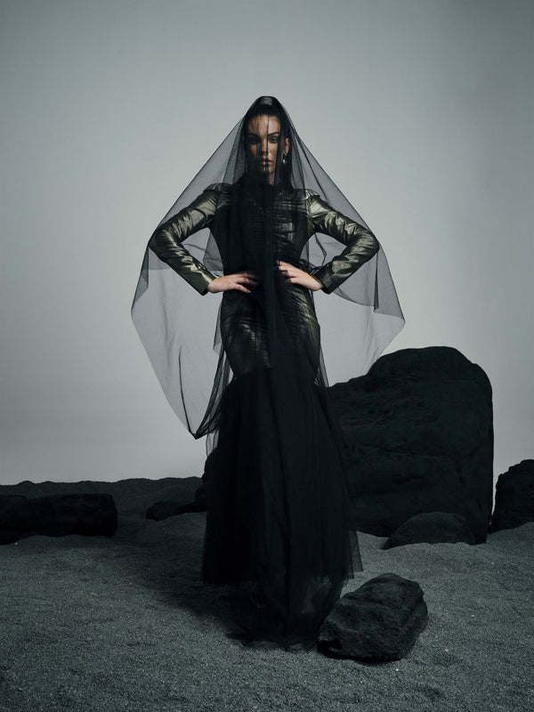 Anahita metallic black tulle gown