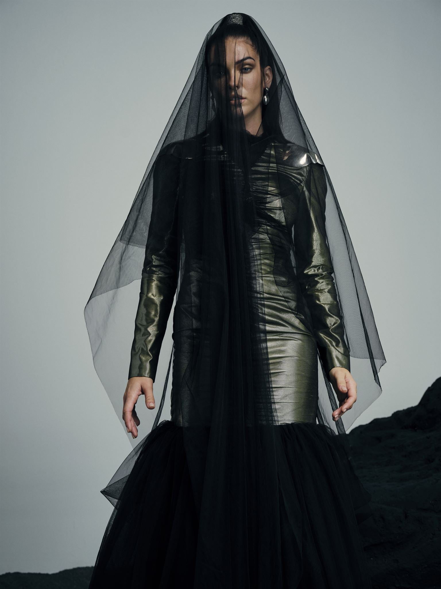 Anahita metallic black tulle gown