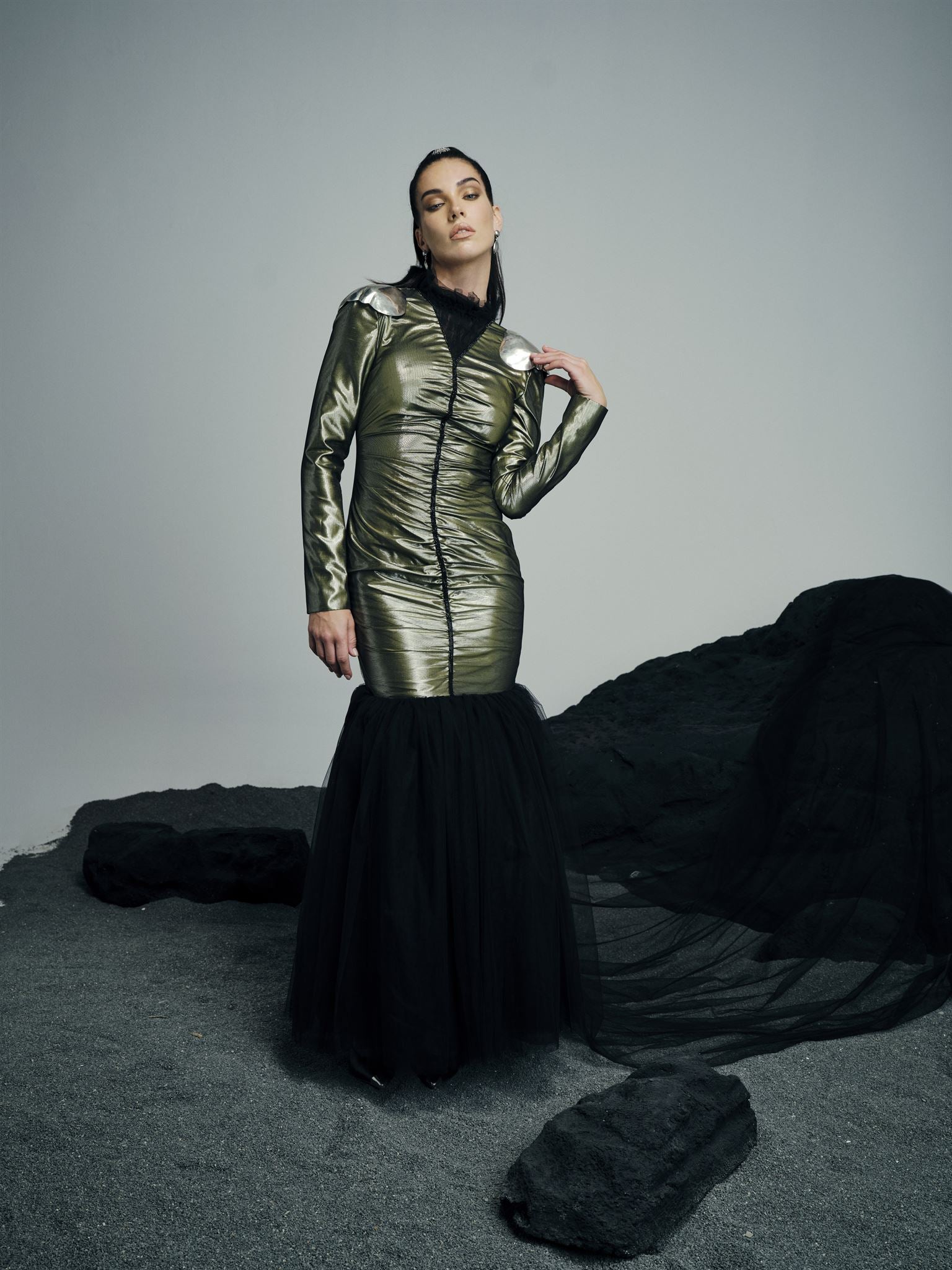 Anahita metallic black tulle gown
