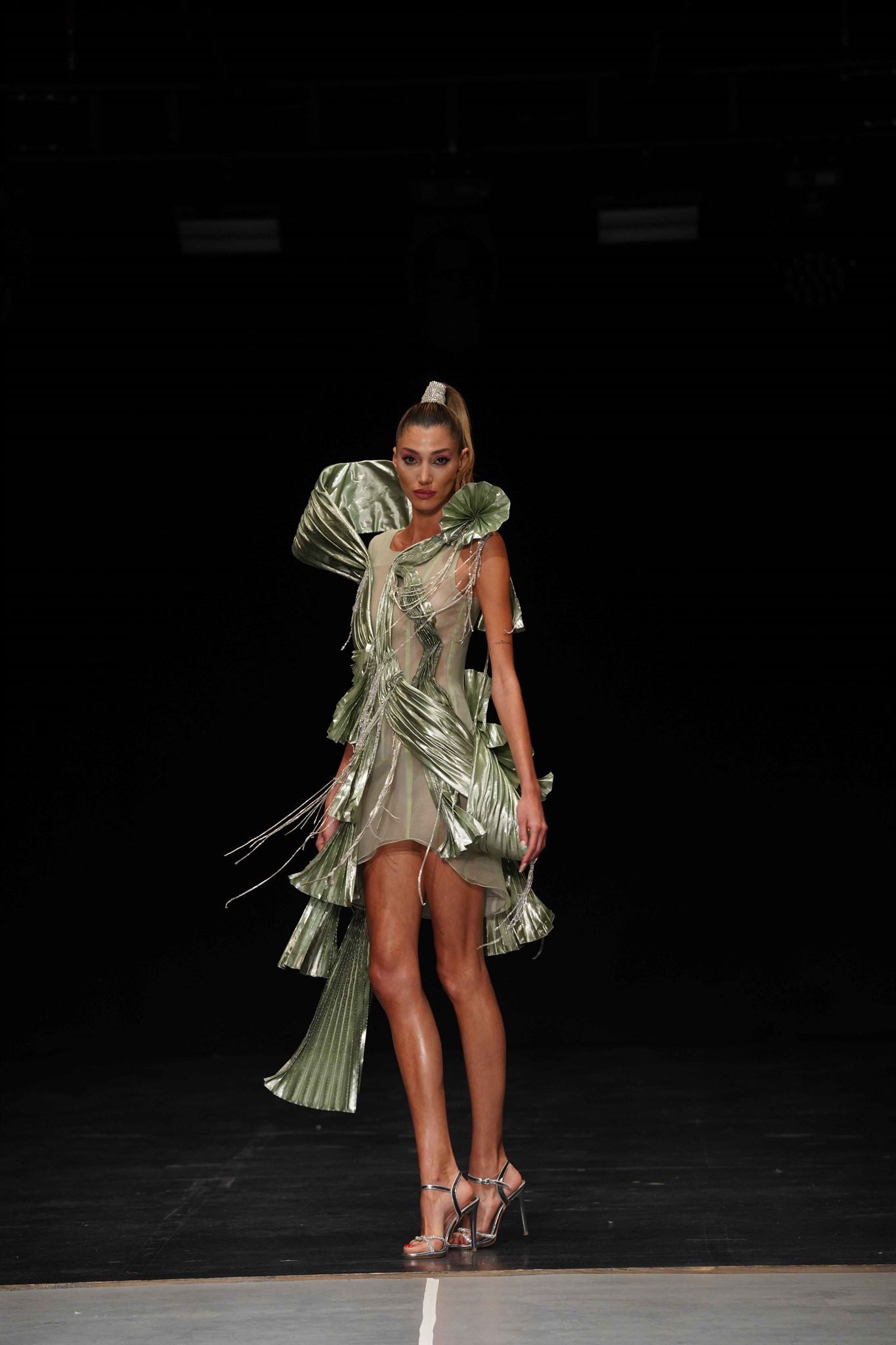 Metallic pleated crystal mini dress