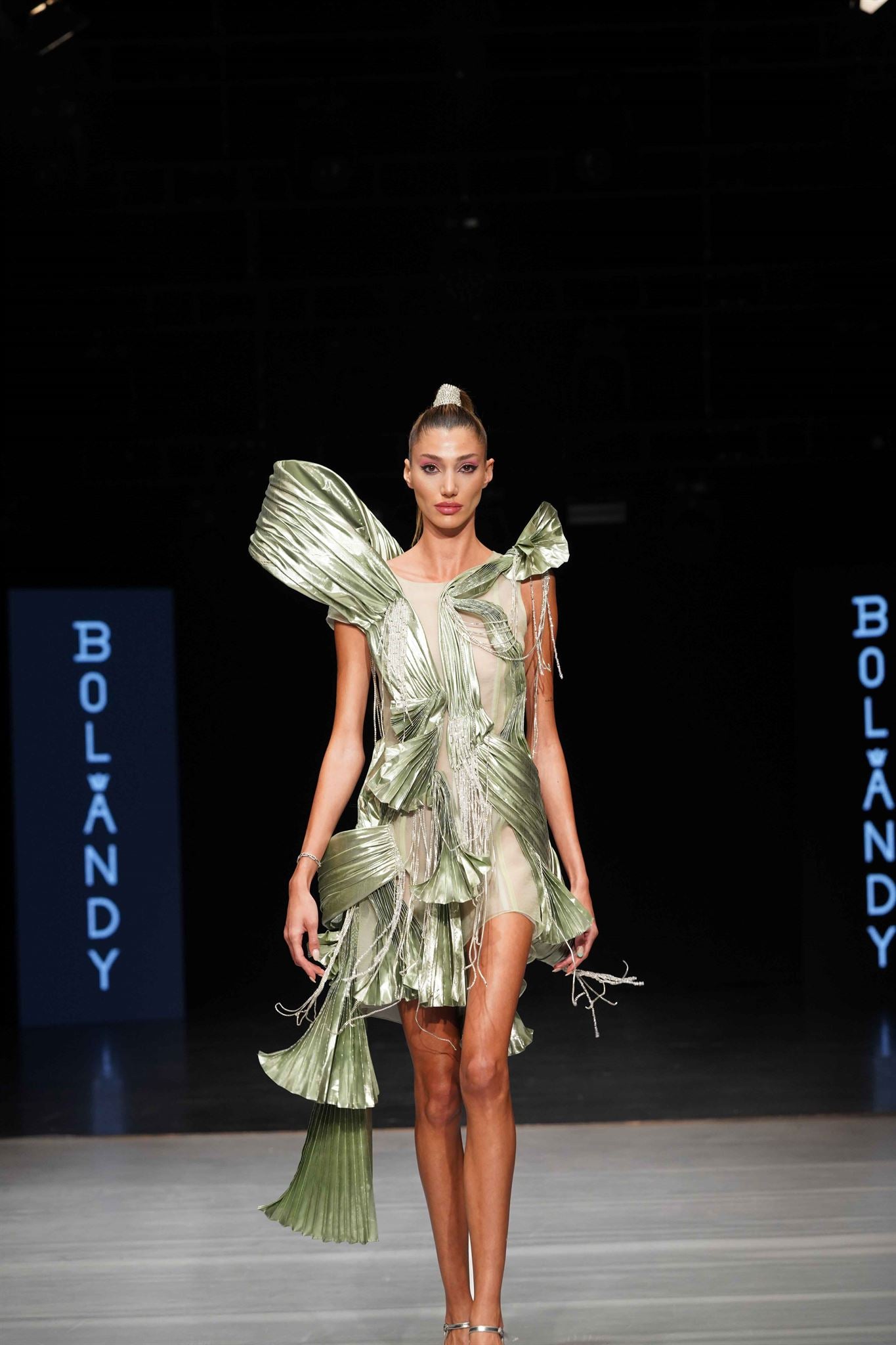 Metallic pleated crystal mini dress