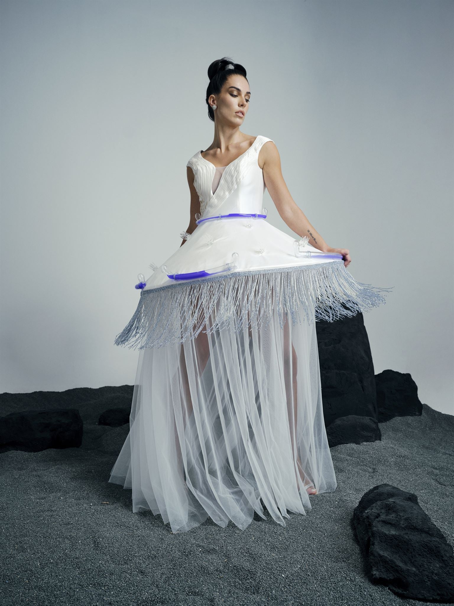 Anahita white water-glass fringe gown