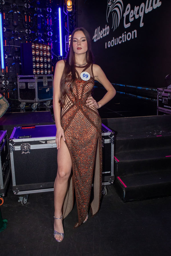 Geometric embellished slit gown