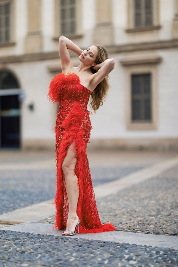 Red beaded feather gown