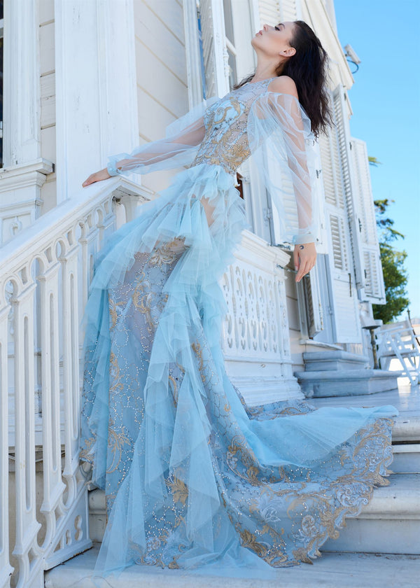 Wave Collection blue tulle gown