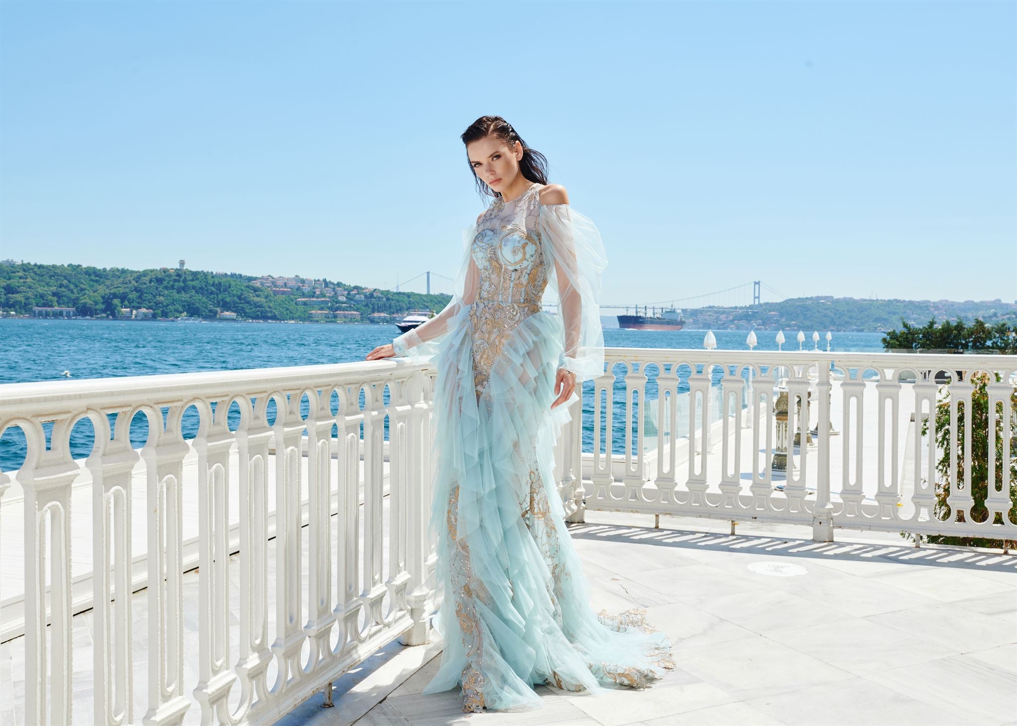Wave Collection blue tulle gown