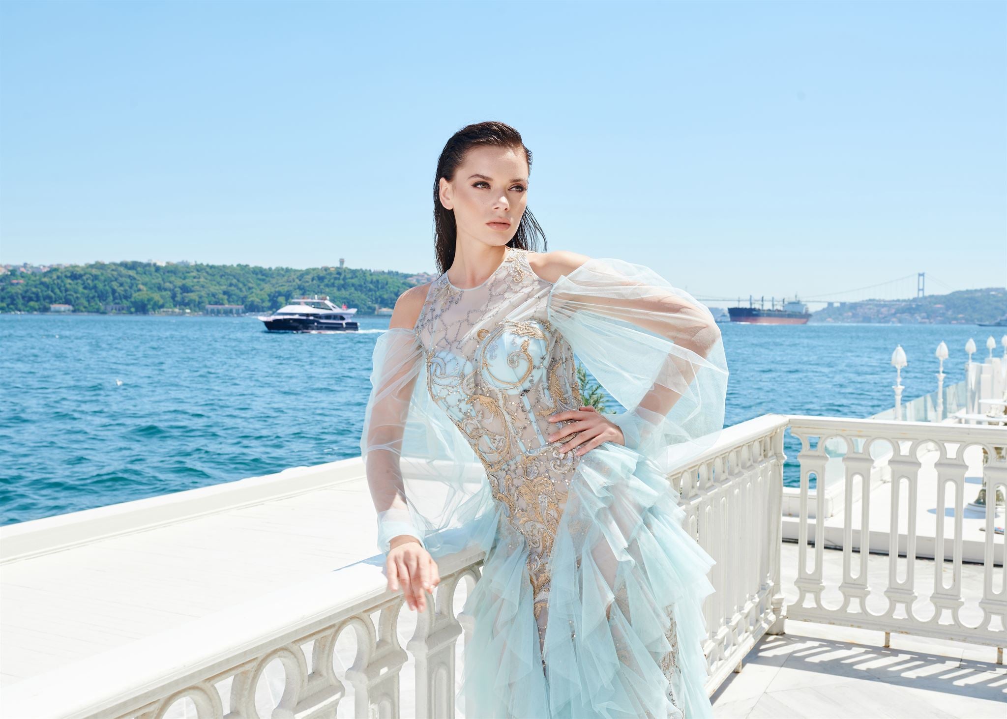 Wave Collection blue tulle gown