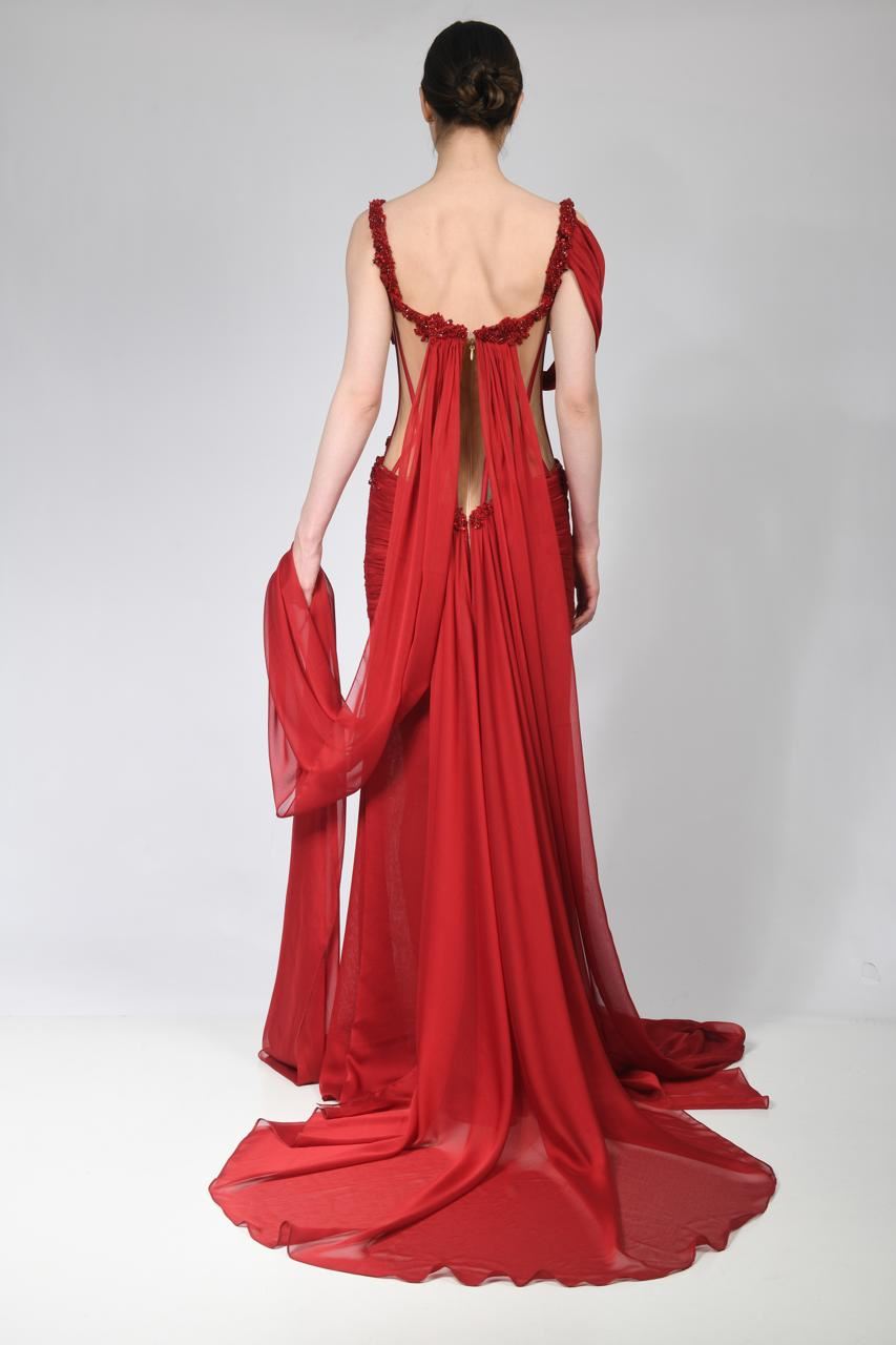 Deep red corset draped gown