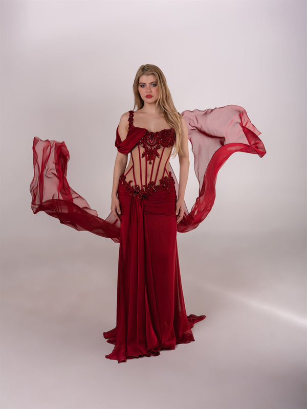 Deep red corset draped gown
