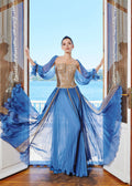 Blue gold-appliqué gown - 2