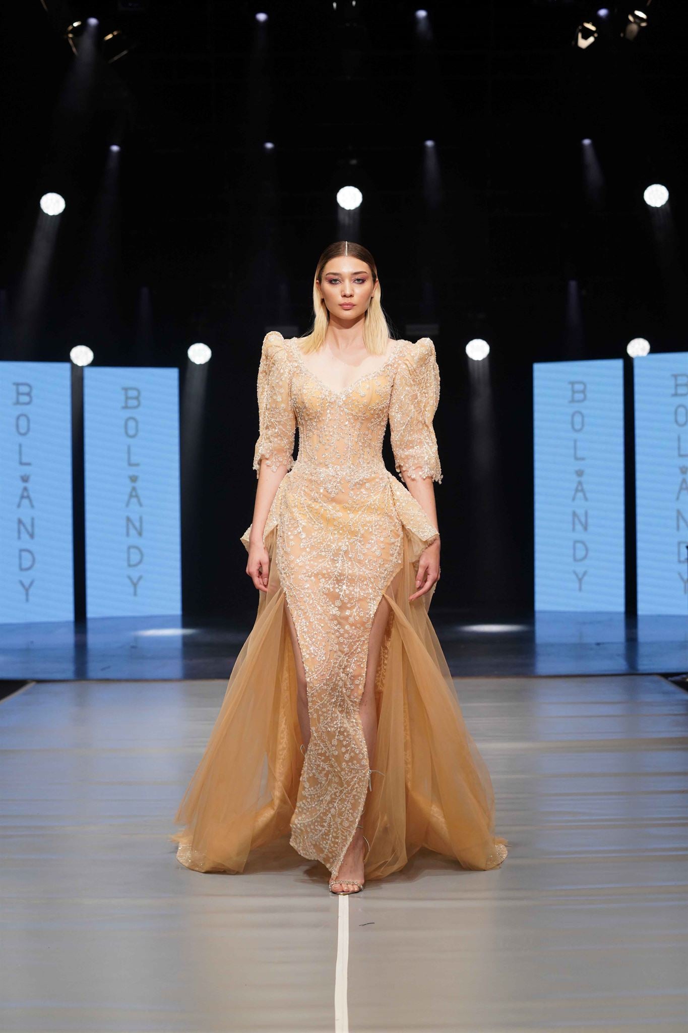 Nude beaded puff-sleeve gown