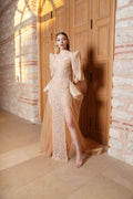 Nude beaded puff-sleeve gown - 1