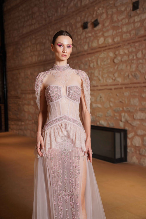 Blush nude cape-sleeve gown
