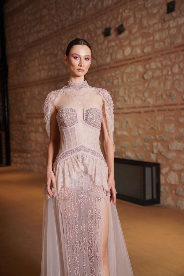 Blush nude cape-sleeve gown