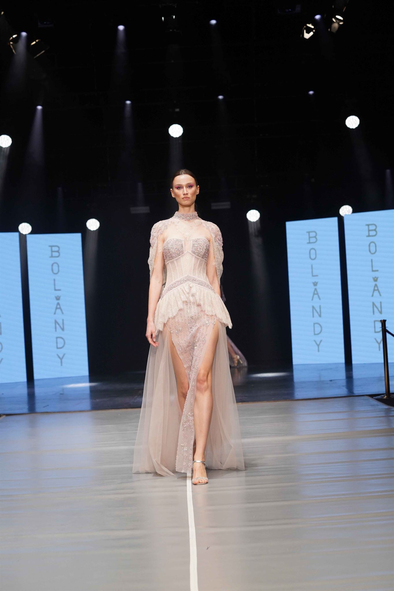Blush nude cape-sleeve gown