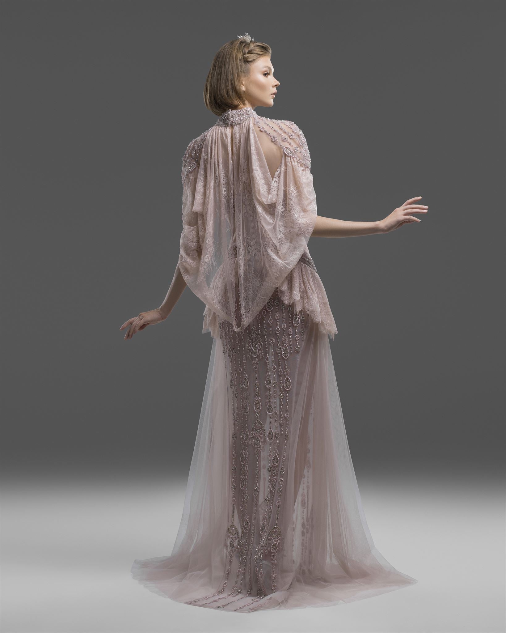 Blush nude cape-sleeve gown