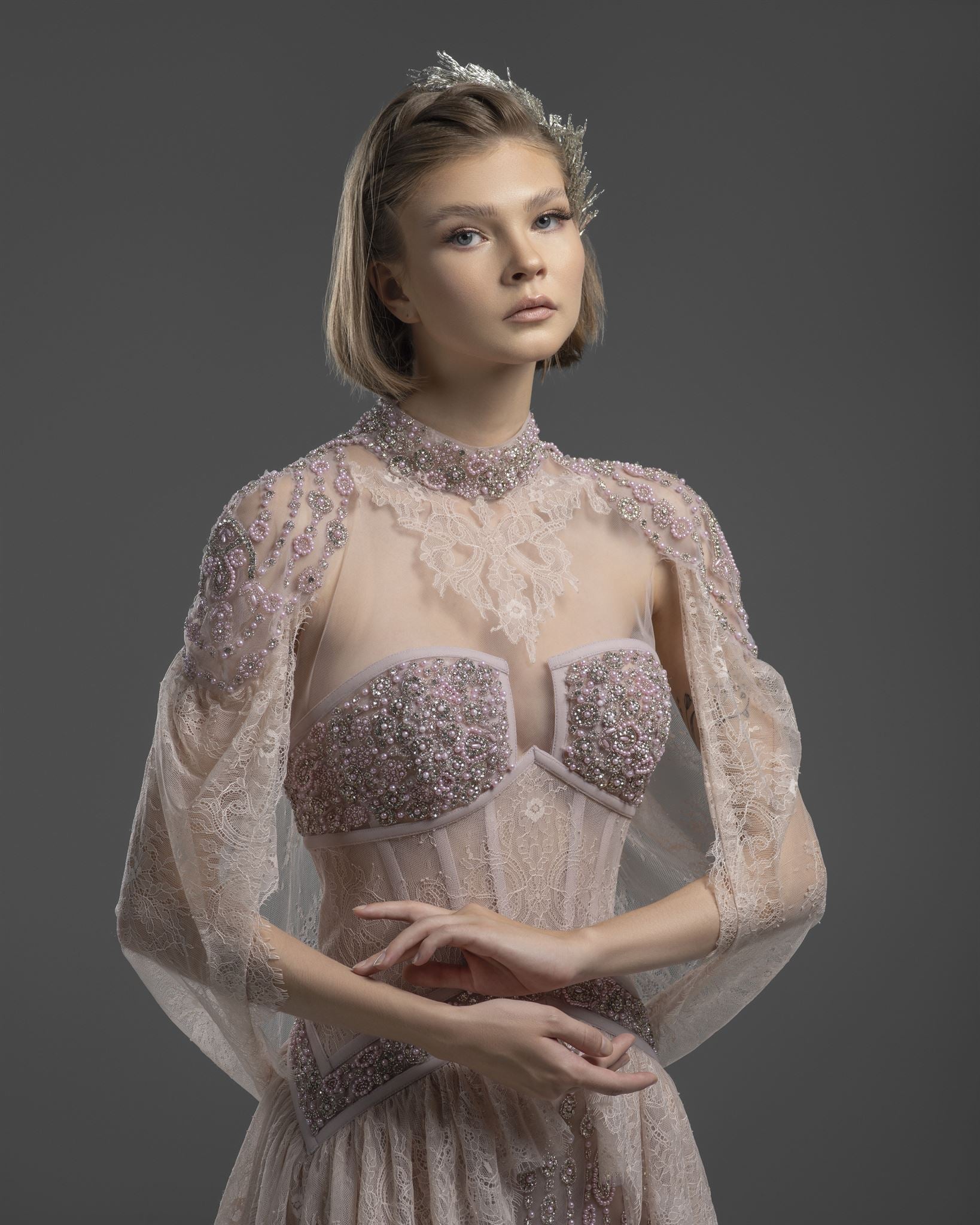 Blush nude cape-sleeve gown