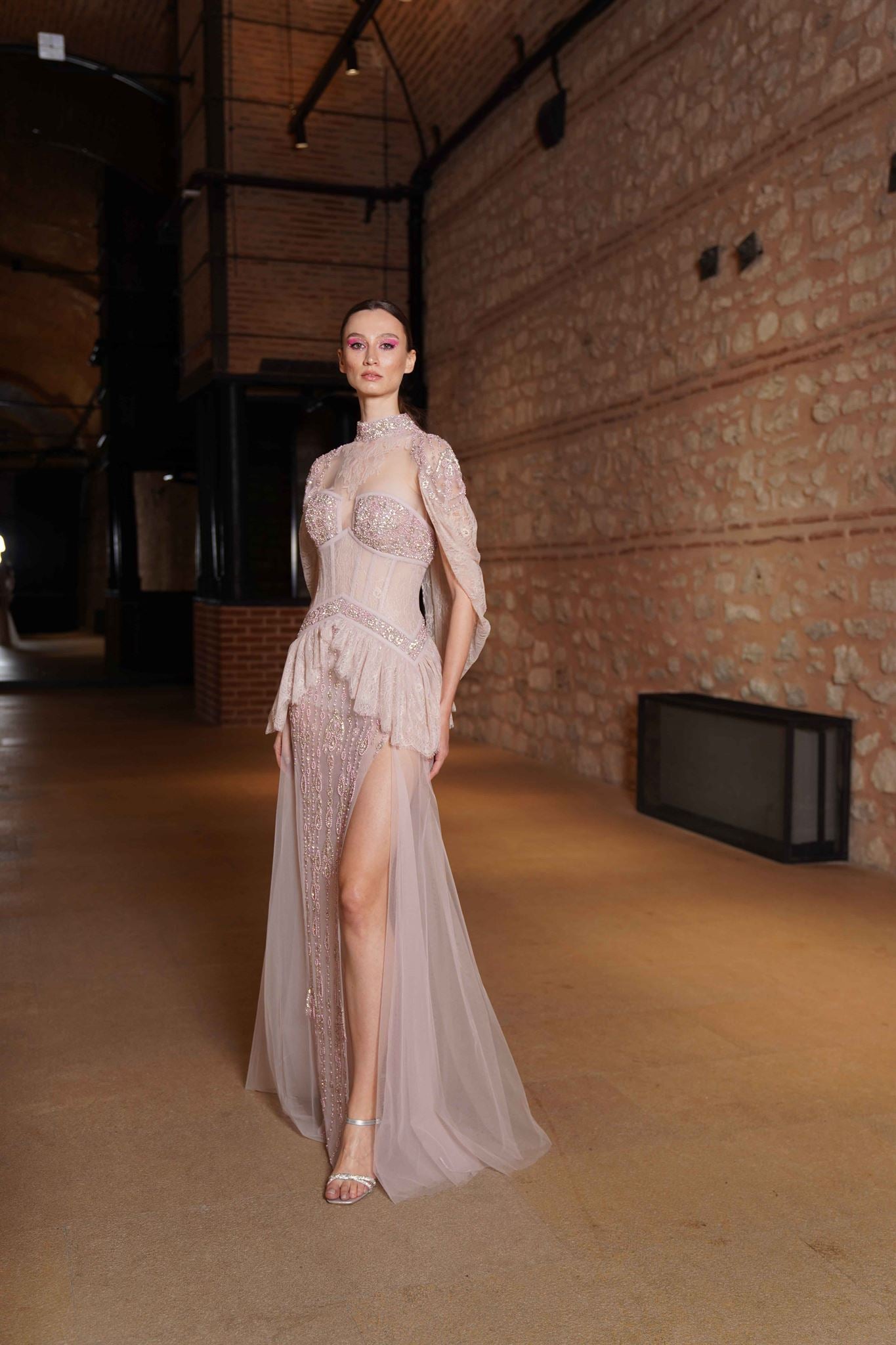 Blush nude cape-sleeve gown