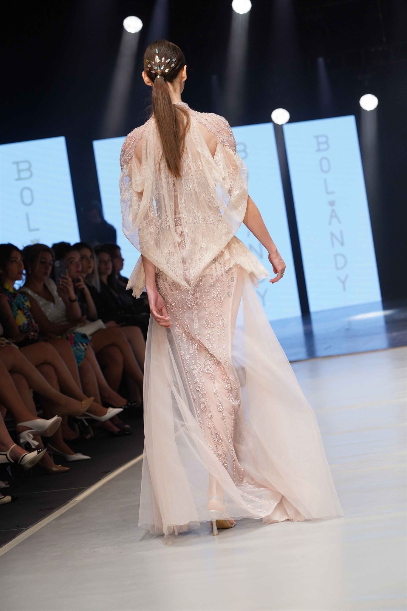 Blush nude cape-sleeve gown