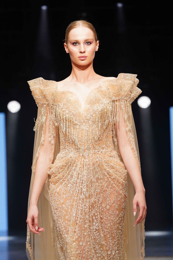 Nude beaded cape-panel gown
