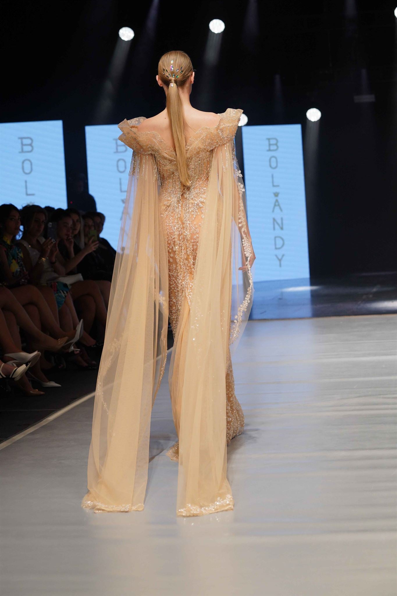 Nude beaded cape-panel gown