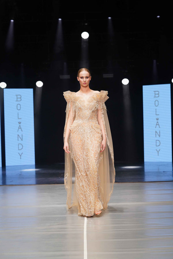 Nude beaded cape-panel gown