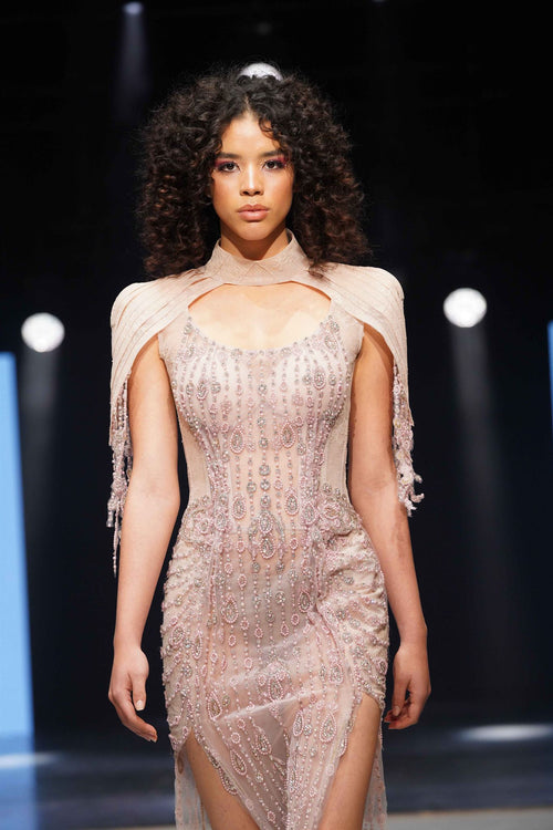 Blush nude crystal cape-shoulder gown