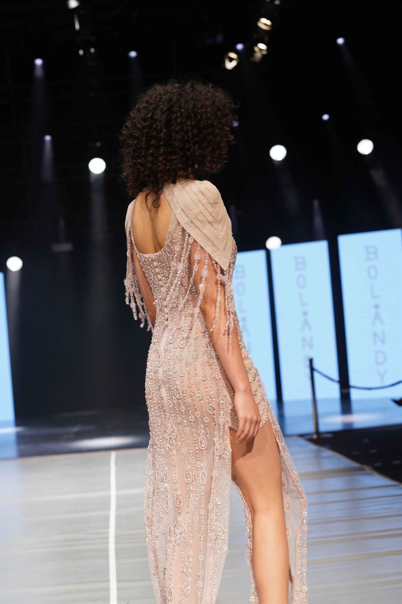 Blush nude crystal cape-shoulder gown