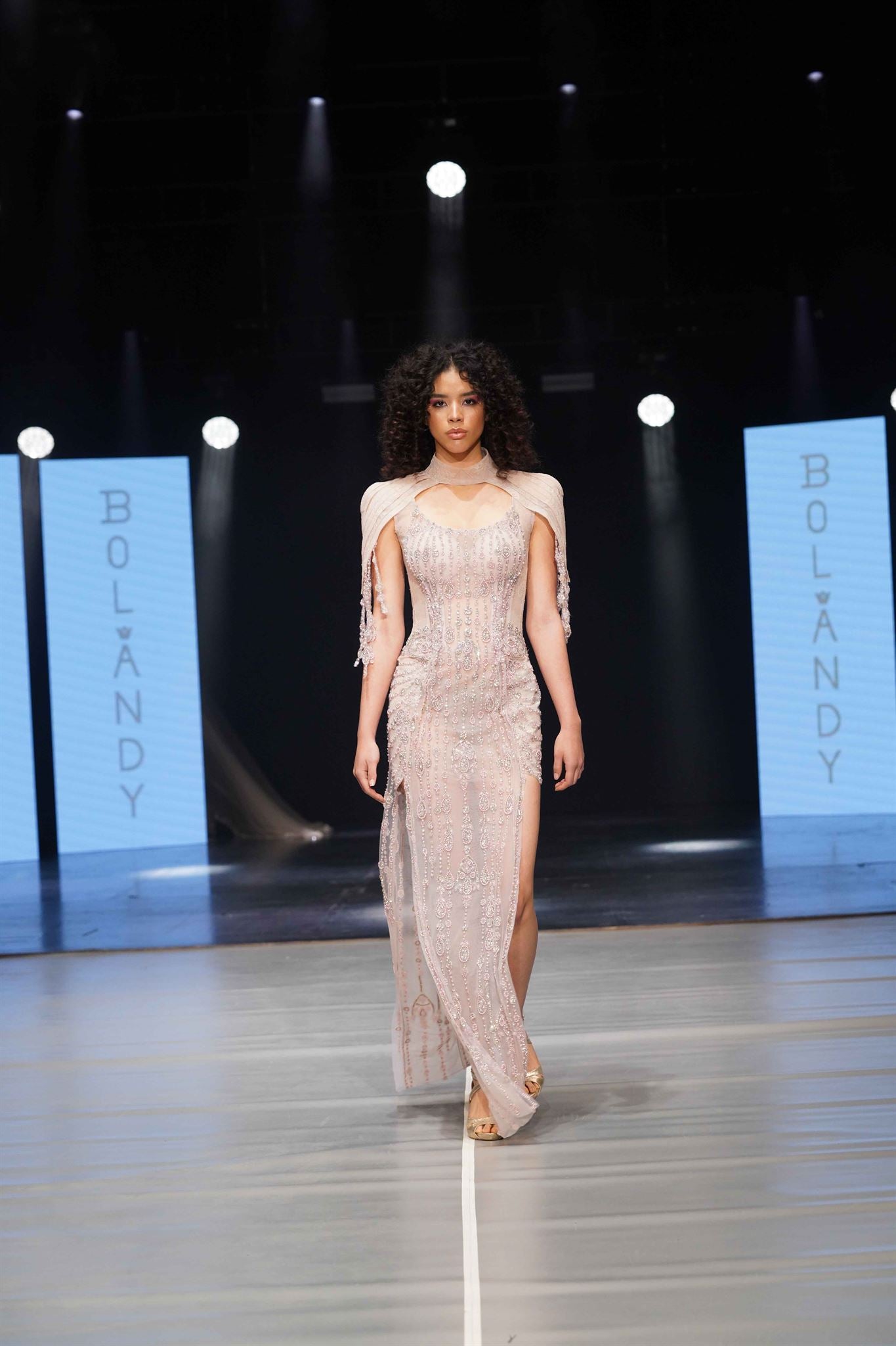 Blush nude crystal cape-shoulder gown