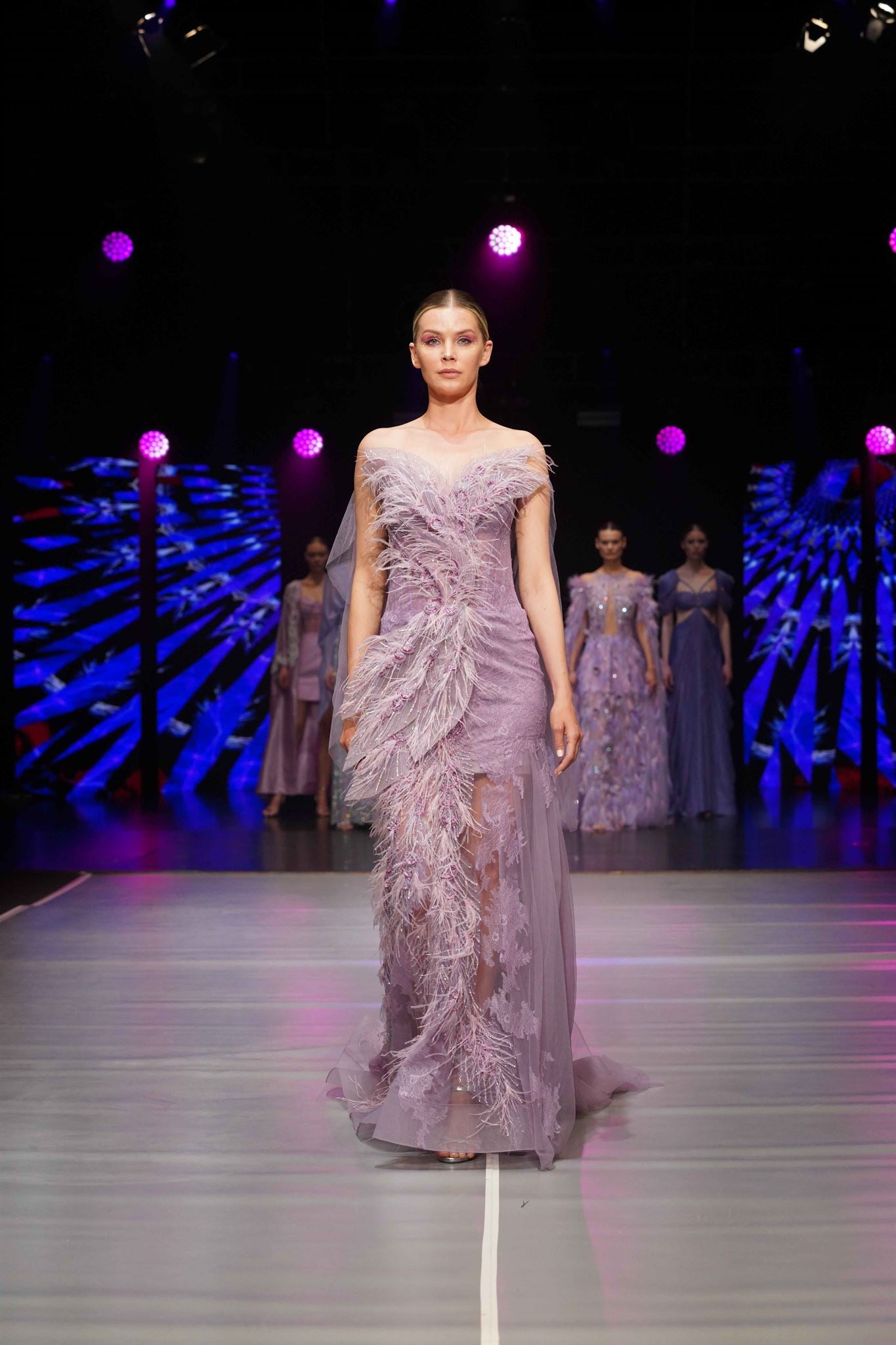 Lilac feather lace gown